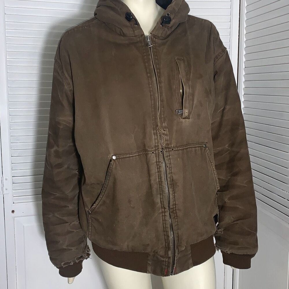 Vintage Thrashed Distressed Craftsman Tan‎ Active Hoodie Workwear Jacket XL
